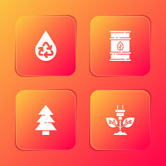Fototapeta na wymiar Set Recycle clean aqua, Bio fuel barrel, Christmas tree and Electric saving plug in leaf icon. Vector