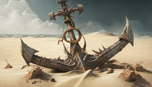 Old and rusty anchor of a pirate ship on the beach of an island, sea in the background. Generative AI
