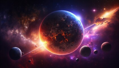 Illustration with space, planets, stars, nebula, solar system from another galaxy. Generative AI