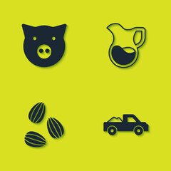 Set Pig, Pickup truck, Seeds and Jug glass with milk icon. Vector