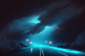 Dark empty scene, blue neon searchlight light, wet asphalt, smoke, night view, rays. Generative AI