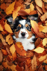 Puppy in a pile of autumn leaves. Generative AI.