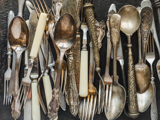 Vintage tableware lying on the table. Close-up, view from above. Tasty and healthy eating concept