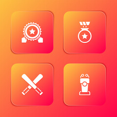 Set Medal with star, , Crossed baseball bat and Stage stand or tribune icon. Vector