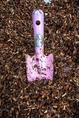 wood chips for the garden. Close up of recycle wood. Wood for soil enrichment. Place to put text. Ecology concept for gardening