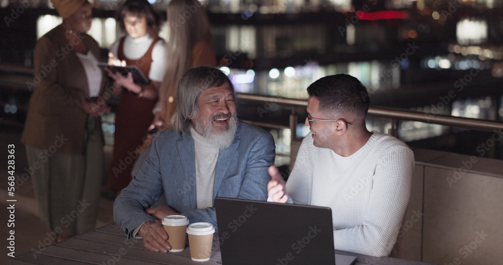 Poster laptop, collaboration and night with a business team working together on balcony in the city. teamwo