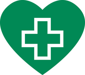 Cross in Heart Symbol First Aid Healthcare Green Sign Icon. Vector Image.