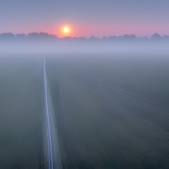 Fototapeta na wymiar Panoramic view of the empty highway through the fields in a fog at night. Moonlight, clear sky. Sunrise. Transportation, logistics, road trip, freedom, driving - generative ai