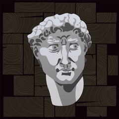 Illustration of David s head on a dark background. Bust of an ancient Greek classical statue and wooden bars with cracks and age rings. A modern image of an old statue. A ready-to-use eps for design