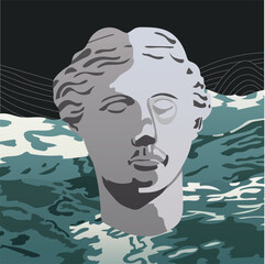 Illustration of the ancient head of the statue of the ancient goddess Aphrodite on a dark background. Marble statue on the background of turquoise blue sea and lime mountains. The image of art