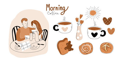 Young men and women have breakfast together.weekend morning  happy couple, morning  coffee, Vector doodle set illustration. 