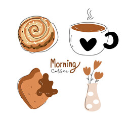 weekend morning  happy. morning  coffee, Vector doodle set illustration. 