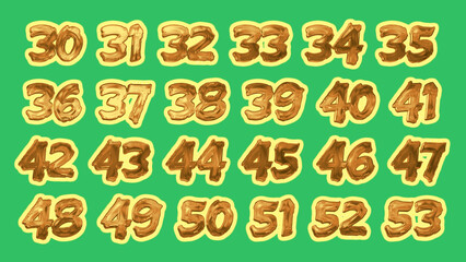 Obraz premium Number set 30-53 in gold color, modern dynamic flat design with brilliant colorful on green screen background for your unique elements design,logo, corporate identity, application, creative poster.