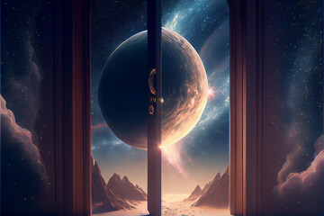 View to another Galaxy planet from the window. Mystery portal. Dreamy scene. Life after death concept. Spiritual energy concept. High quality Ai generated illustration. 