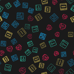 Set line Software, , Search engine and Cup tea with tea bag on seamless pattern. Vector