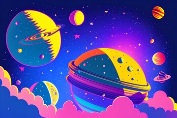 Planets in outer space with satellites, Galaxy, cosmos, universe futuristic fantasy view background for computer game. cartoon vector illustration - generative ai 
