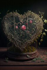 Fototapeta na wymiar a beautiful shrub of wild roses with a heart shape leave