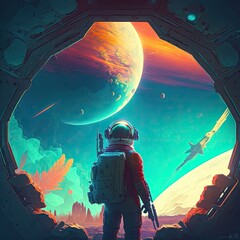 astronaut background of planets, his ship stopped, depth of field. generative ai.