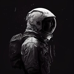 Astronaut, skinny, war-torn, tall, faceless, helmet, dispair, drawing, black background. Generative AI.
