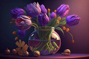 Bouquet of tulips in a vase on a dark background