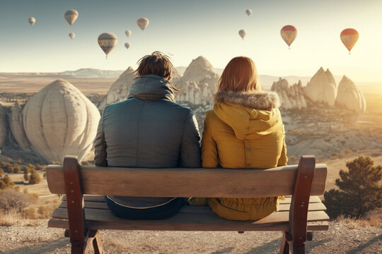 Hugging young couple sitting on a bench overlooking the Cappadocia landscape. Generative AI
