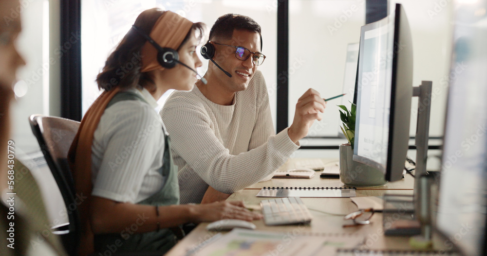 Poster call center, customer service and collaboration with a consulting team working together for help or 