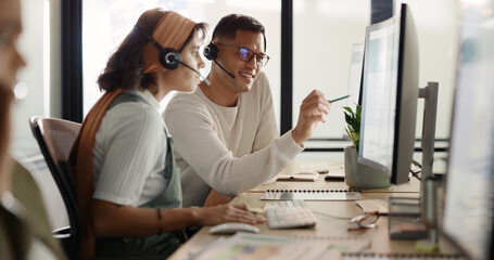 Call center, customer service and collaboration with a consulting team working together for help or...