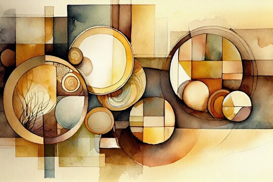 Painting Circles lines and squares, lovely muted earth tones, watercolor. Generative AI.

