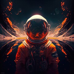 Epic painting of an astronaut standing in dark water up to his hips,the front glass on his helmet is black and has visible cracks on it,he is looking at the camera,solar system in the background. 