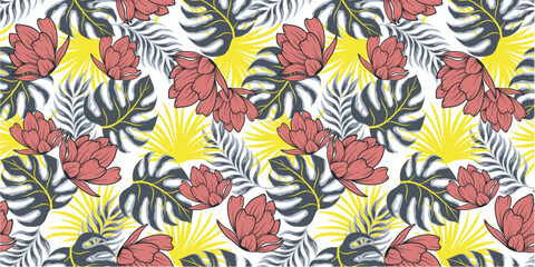 Fototapeta premium Original seamless tropical pattern with bright plants and leaves on a white background. Vector design. Jungle print. Floral background. 