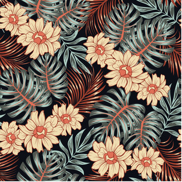 Fashionable seamless tropical pattern with bright plants and leaves on a dark background. Exotic wallpaper. Tropical botanical. Colorful stylish floral. © EltaMax99