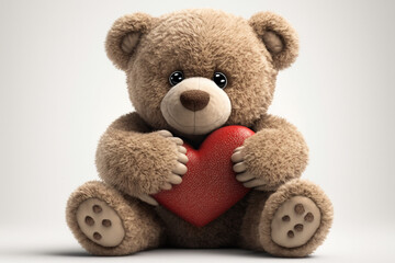 Teddy bear holds a red heart in his paws, front view. Generative AI