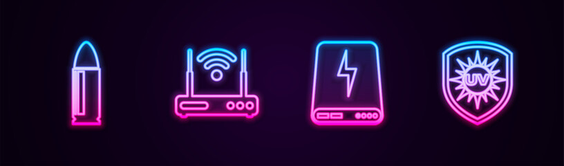 Set line Bullet, Router and wi-fi, Power bank and UV protection. Glowing neon icon. Vector