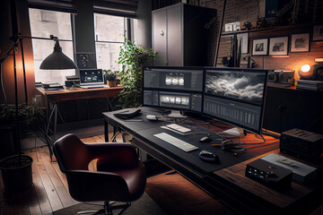 Office interior in a loft style in dark colors using wood, a computer with a workplace, a designer space. Generative AI