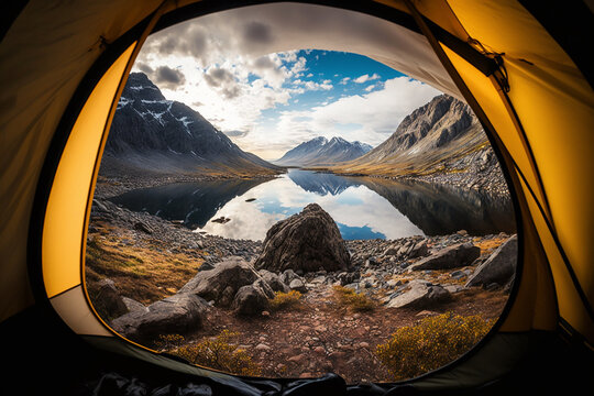 linda fotografia de dentro de uma barraca visão incrível das montanhas 