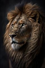 Closeup shot of lion's face isolated on dark