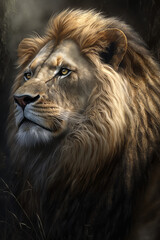 Closeup shot of lion's face isolated on dark