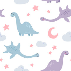 Vector seamless color repeating pattern with dinosaurs in Scandinavian style. Childish seamless pattern with hand-drawn dinosaurs. Vector illustration of dinosaurs. Vector stock illustration.