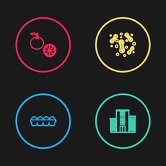 Set line Chicken egg in box, Medical hospital building, Bacteria and Orange fruit icon. Vector