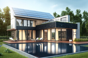 Obraz premium Modern house with solar panels and pool