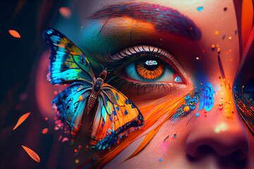 Colorful butterflies and a woman's eye, mixed media, with an abstract background of colors. Generative AI