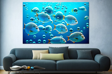 decoração de sala com quadro com peixes na parede 