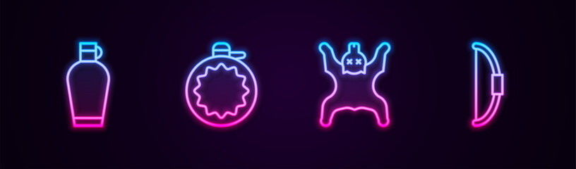 Set line Canteen water bottle, , Bear skin and Bow. Glowing neon icon. Vector