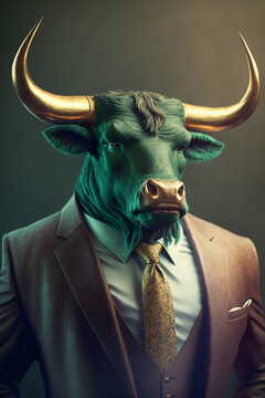 Anthropomorphic bull in a business suit. With golden horns. Generative AI