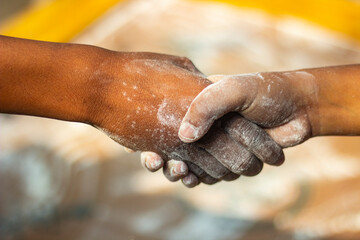 Here are two human hands and they are shaking hands and the background is blurred