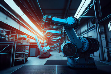 Machine robots in the production and processing of parts, robotic machinery with artificial intelligence, production plant, new technologies of the future. Generative AI