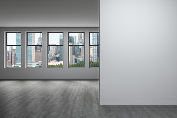 Obraz premium Midtown New York City Manhattan Skyline Buildings Window Background. Real estate Empty room Interior white mockup wall. Skyscrapers View Cityscape. East Side United Nations Headquarters. 3d rendering