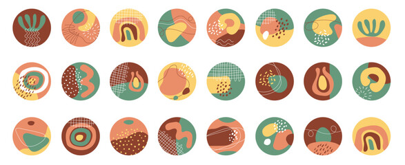 Big set of round icons for social media stories. Vector covers for highlighting. Backgrounds with abstract spots, dots, lines of an organic shape. Brown, yellow, gray colors. Hand drawn templates.