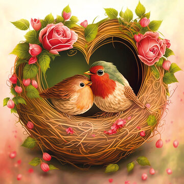 Vogel-Nest mit roten Herzen - Generative AI