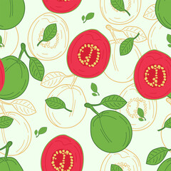 Guava seamless pattern. Whole and half guava. Juicy fruit vector illustration